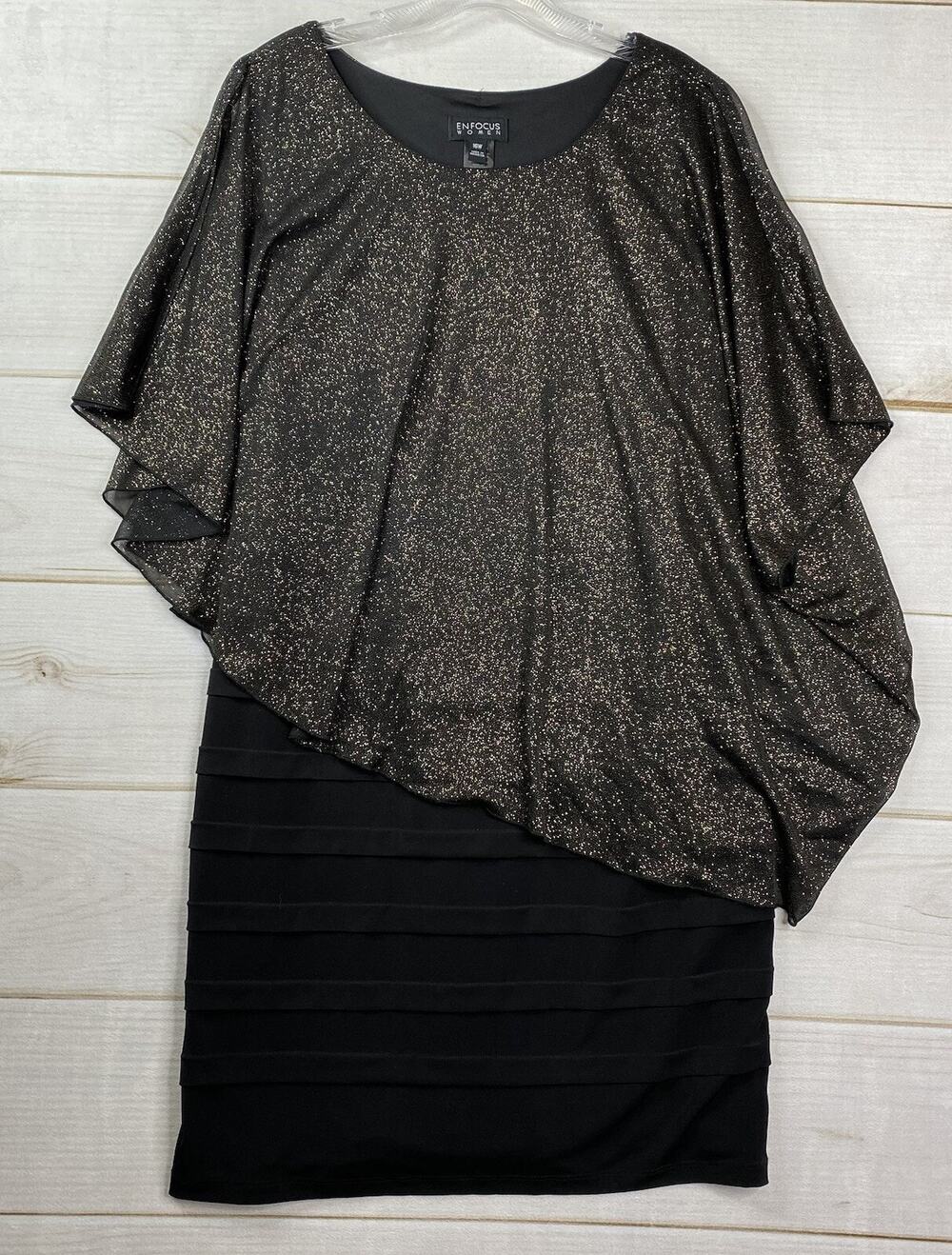 Enfocus Dress Womens 16W Black Gold Sparkly Overlay Stretch Knee Length Coctail